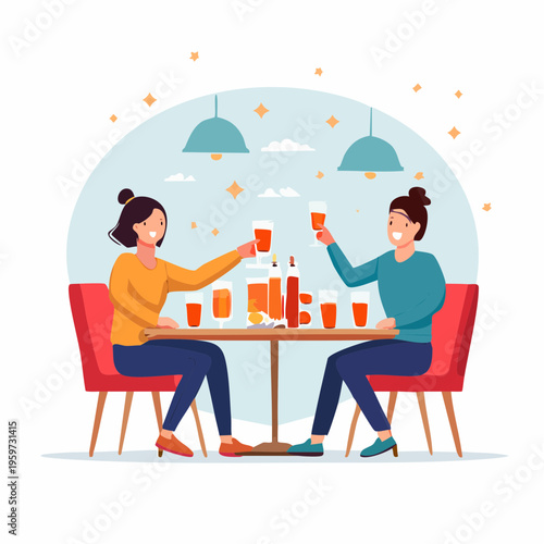 パーティーテーブルで乾杯するグループのモダンなベクターイラスト