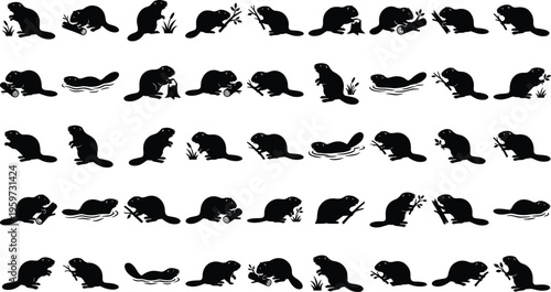 Beaver Silhouette Vector Illustration Collection, North American Beaver Life Cycle Activities, Dam Building and Wood Chewing Icons Bundle for Nature Designs
