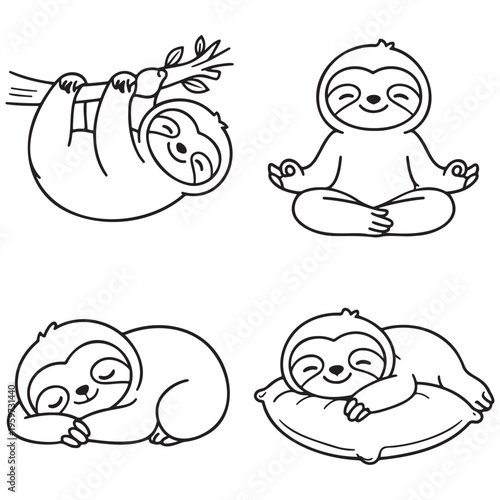 Four cartoon sloths in different relaxed poses on white background animal cute lazy
