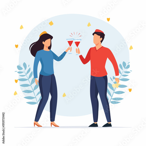 カクテルで乾杯する友人たちのシルエット風ベクターイラスト