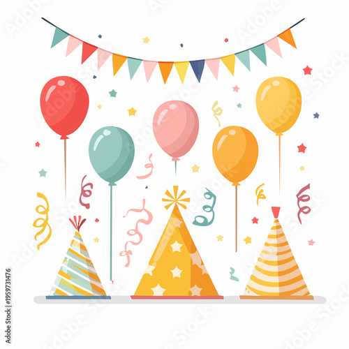風船やパーティーハットなどのお祝い装飾セットのベクターイラスト