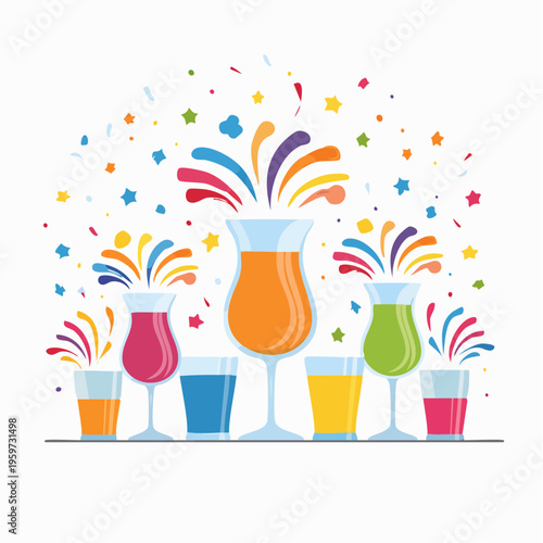 カラフルなドリンクと紙吹雪で乾杯するパーティーのベクターイラスト