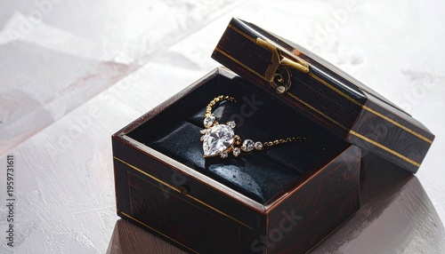Elegant jewelry box with gold trim and dark wood finish, partially open to reveal gold chain necklace with heart-shaped diamond pendant on cushioned interior, symbolizing romance, luxury, and gift-giv