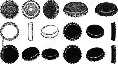 Bottle cap silhouettes collection featuring metal crown caps from multiple angles for beverage packaging design isolated on white background vector illustration
