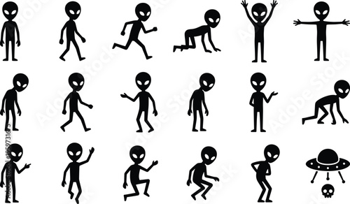 Alien silhouettes collection featuring extraterrestrial characters in various poses including walking running waving and standing isolated on white background vector illustration set