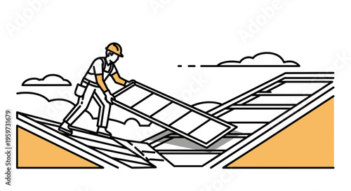 Worker Installing Solar Panels on Roof.