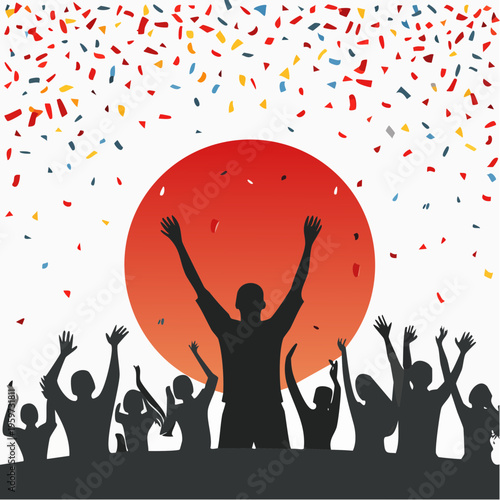 紙吹雪が舞う中でお祝いする群衆のシルエットベクターイラスト