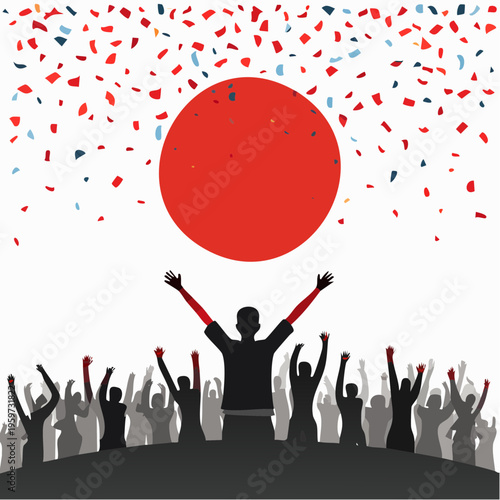 紙吹雪が舞う中でお祝いする群衆のシルエットベクターイラスト
