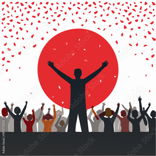 紙吹雪が舞う中でお祝いする群衆のシルエットベクターイラスト