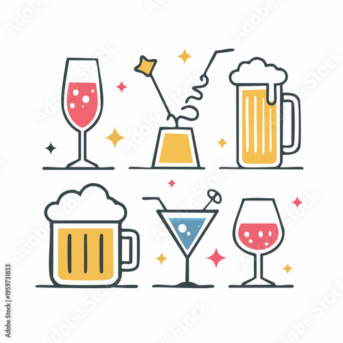 シャンパンやビールなどお祝いのドリンクを描いたアイコンセット