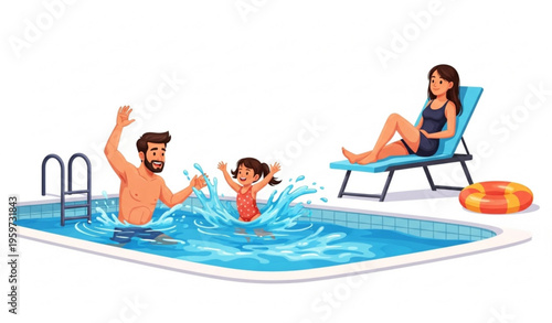 Cartoon happy family at swimming pool with father and children playing water and relaxing summer vector isolated white background