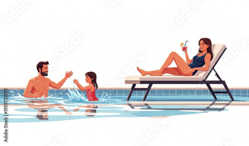 Isolated summer family pool scene father and children playing water while teenage girl relaxes vector illustration white background