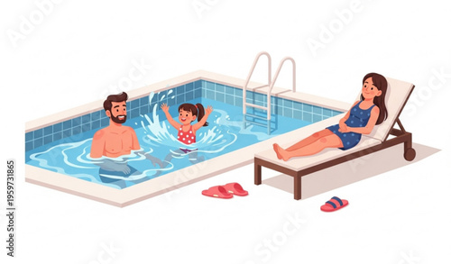 Happy family playing and relaxing at backyard swimming pool summer lifestyle vector illustration isolated on white background