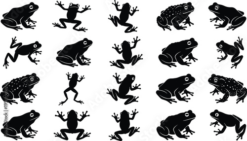 Frog silhouettes collection featuring various amphibian poses including jumping sitting climbing and crawling wildlife animals isolated on white background vector illustration set