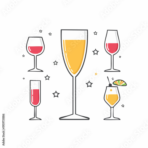 シャンパンやビールなどお祝いのドリンクを描いたアイコンセット