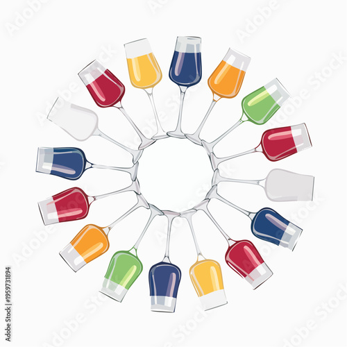 様々なグラスが輪になって乾杯する真上からのベクターイラスト