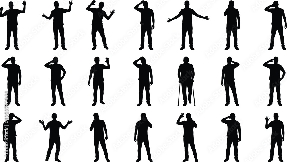Fototapeta premium Man silhouettes collection featuring various standing gestures including waving saluting talking and posing actions isolated on white background vector illustration set