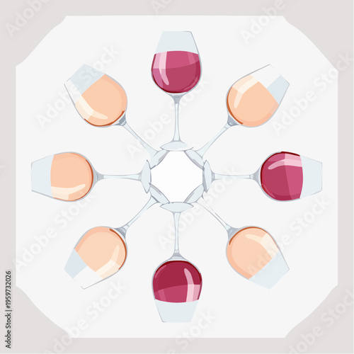 複数のワイングラスが中央で乾杯する真上からのベクターイラスト