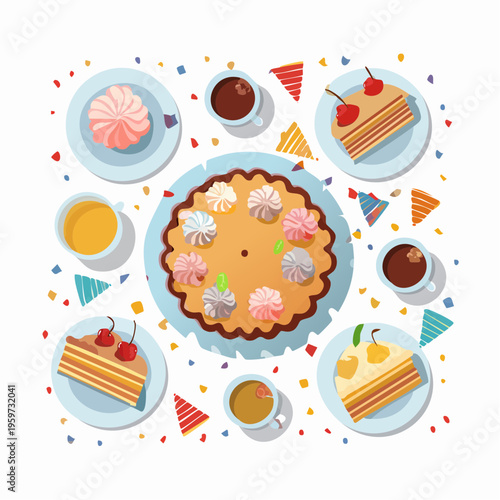 ケーキやドリンクが並ぶパーティーテーブルの俯瞰ベクターイラスト