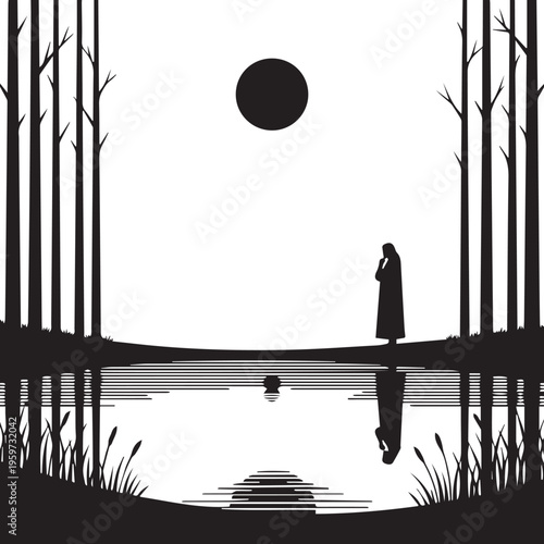 Solitary figure stands by tranquil lake reflects moonlit trees serene landscape peaceful nature scene quiet reflection