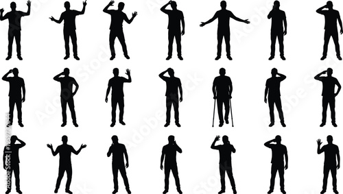 Man silhouettes collection featuring various standing gestures including waving saluting talking and posing actions isolated on white background vector illustration set