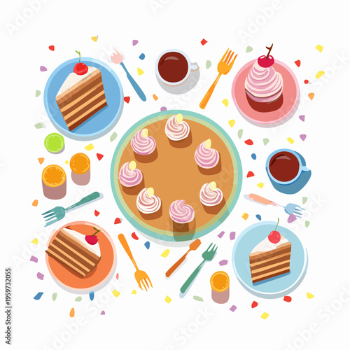 ケーキやドリンクが並ぶパーティーテーブルの俯瞰ベクターイラスト