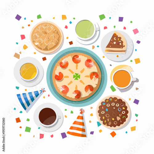 ケーキやドリンクが並ぶパーティーテーブルの俯瞰ベクターイラスト