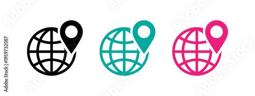 globes with location pins in different colors