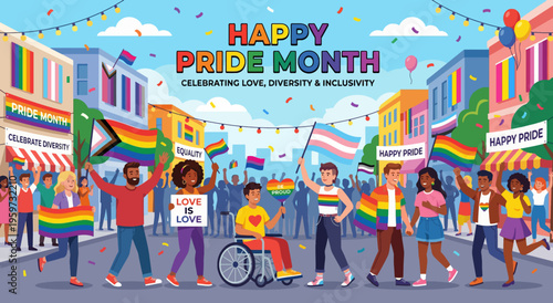 Happy Pride Month illustration with rainbow flags, inclusive parade, LGBTQ community, love, equality, diversity, and joyful street celebration of identity and unity