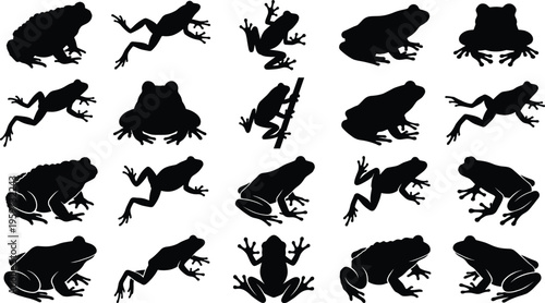 Frog silhouettes collection featuring various jumping sitting and crawling amphibian poses wildlife animal design elements isolated on white background vector illustration set