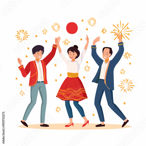 お祝いで一緒に踊る友人たちの顔のないミニマルなベクターイラスト