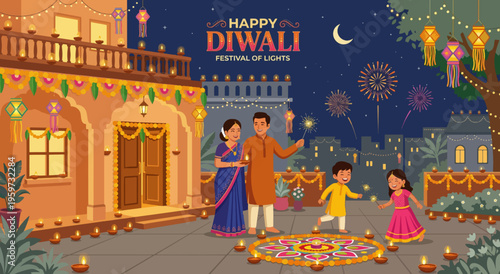 Happy Diwali illustration with family celebrating Festival of Lights, diyas, rangoli, fireworks, lanterns, and festive Indian home courtyard at night