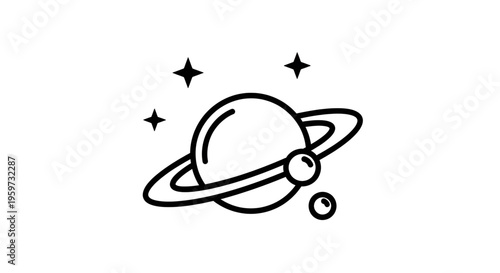A minimalist vector graphic illustration of a planet with rings and stars in a simple black line art style