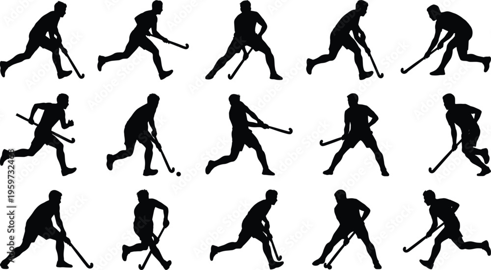 Fototapeta premium Field hockey player silhouettes set showing dribbling passing and running actions professional sport activity collection isolated on white background vector illustration