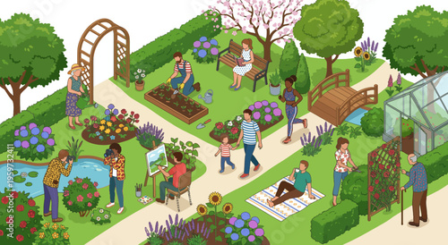 Isometric community garden illustration with people planting, watering, painting, relaxing, jogging, and enjoying flowers, greenhouse, pond, and spring park landscape