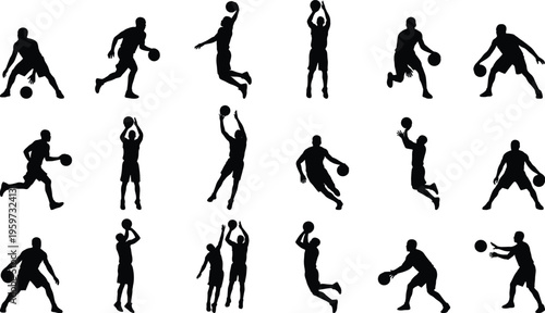 Basketball player silhouettes set showing dribbling shooting passing and jumping actions professional sport activity collection isolated on white background vector illustration