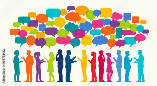 Colorful communication concept with diverse people silhouettes and speech bubbles, social discussion, conversation, networking, teamwork, community dialogue, and idea exchange illustration