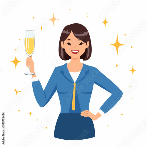 シャンパングラスを持ちビジネスの成功を祝う人物のベクターイラスト