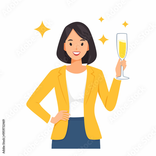 シャンパングラスを持ちビジネスの成功を祝う人物のベクターイラスト