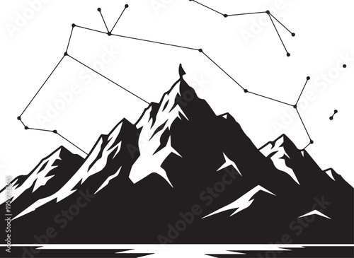 Rugged mountain range silhouette under astronomical constellation stars and celestial night sky lines with reflective water base