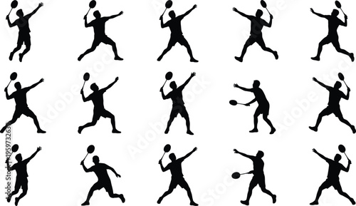 Badminton player silhouettes collection with jumping smash and serve action poses isolated on white background, indoor sport training and competition vector set