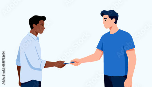 Two men exchange a smartphone with gentle gestures. One wears a light shirt, the other a solid blue tee. Their expressions show calm focus, not urgency or conflict. This moment suggests trust