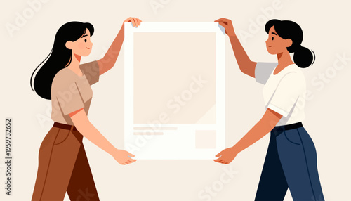 Two Women Holding a Blank Poster Together for Design Mockup or Advertising Presentation
