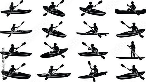 Kayaking and canoeing silhouettes collection with paddler action poses isolated on white background, water sport adventure, outdoor recreation and fitness vector illustration set