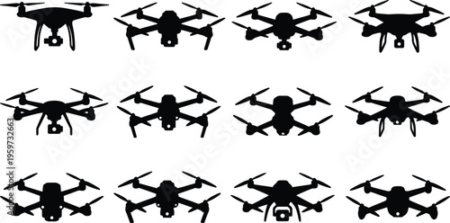 Drone quadcopter silhouettes collection with aerial camera UAV designs isolated on white background, modern technology, surveillance, photography, delivery and flying device vector set