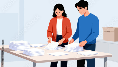 Two professionals examine documents at a table. They appear focused, collaborating with calm concentration. Stacks of papers suggest administrative or planning tasks. Ideal for office, business
