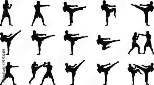 Martial arts fighters silhouettes collection with kicking and punching poses isolated on white background, combat sport training, self defense and fitness vector set