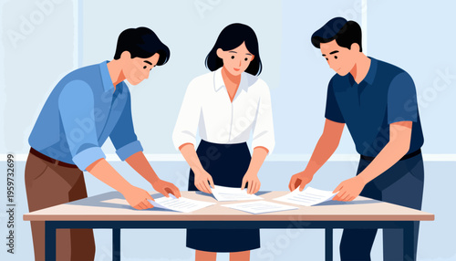 Three professionals gather around a table. They examine documents with focused attention. Their body language shows teamwork and dedication. Ideal for business meetings or collaborative projects
