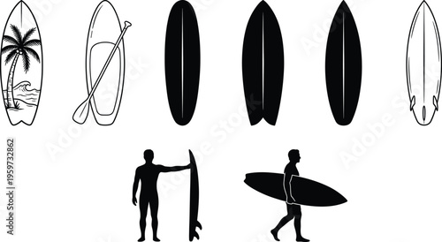 Surfboard silhouettes collection with surfer figures and paddle board isolated on white background, beach sport equipment set, ocean lifestyle and summer activity concept