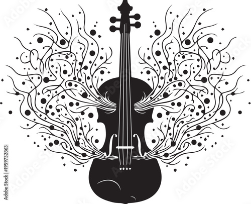 Abstract image of a violin with swirling, organic lines and dots emanating from its body, creating an intricate design